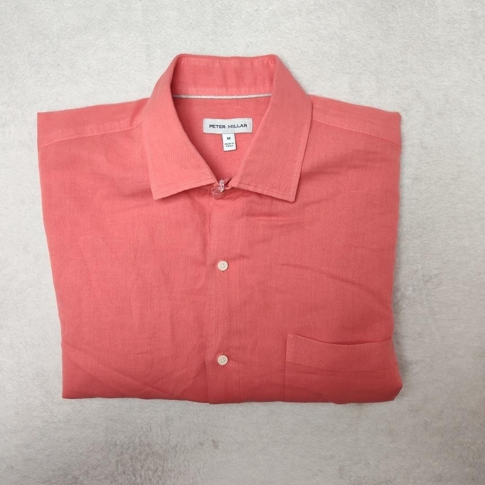 Peter Millar Shirt Mens M Pink Canal Linen Button Up Long Sleeve Pocket Casual